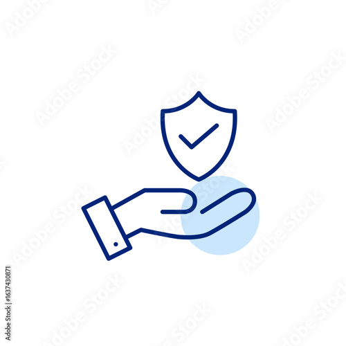 Hand, shield and checkmark. Secure assistance, hands-on protection, reliable help, validated service. Pixel perfect, editable stroke vector icon