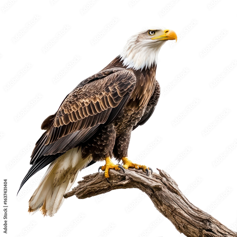Fototapeta premium Eagle perched An eagle sits on a branch or cliff with wings folded and head alert. full length isolate on transparent background