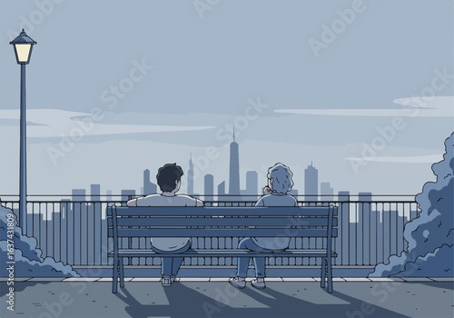 Couple Relaxing on Bench, City View, Cloudy Sky; Used for meditation, loneliness
