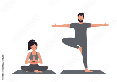 Pair doing Yoga Woman in lotus pose, man in tree pose against white, for health ads