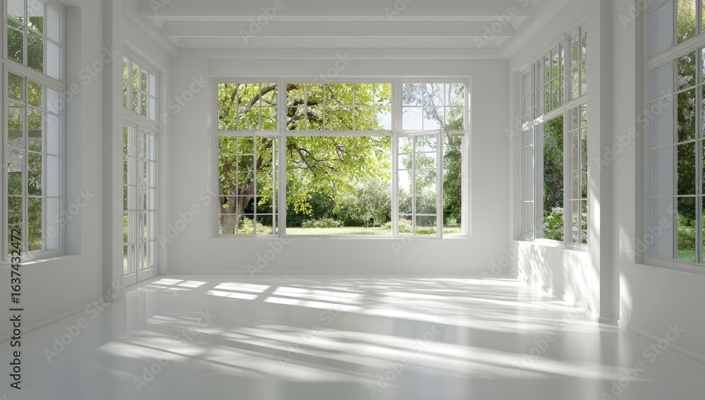Fototapeta premium White room with large windows, garden view