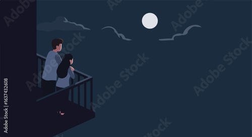Couple admires moonlit sky on balcony. Use romance, dreams, loneliness
