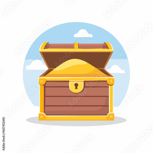 Vector illustration of an open wooden pirate treasure chest full of golden coins representing wealth, adventure, and discovery