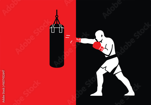 Boxer punches a heavy bag in a gym with a split red and black background