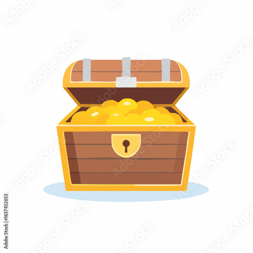 An open wooden pirate treasure chest full of shiny gold coins symbolizing wealth, fortune, and success. Isolated vector illustration