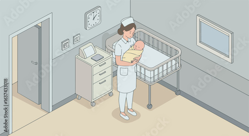 Nurse holding newborn baby in hospital room, crib in background, for healthcare use