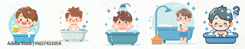 vector of a little boy taking a shower