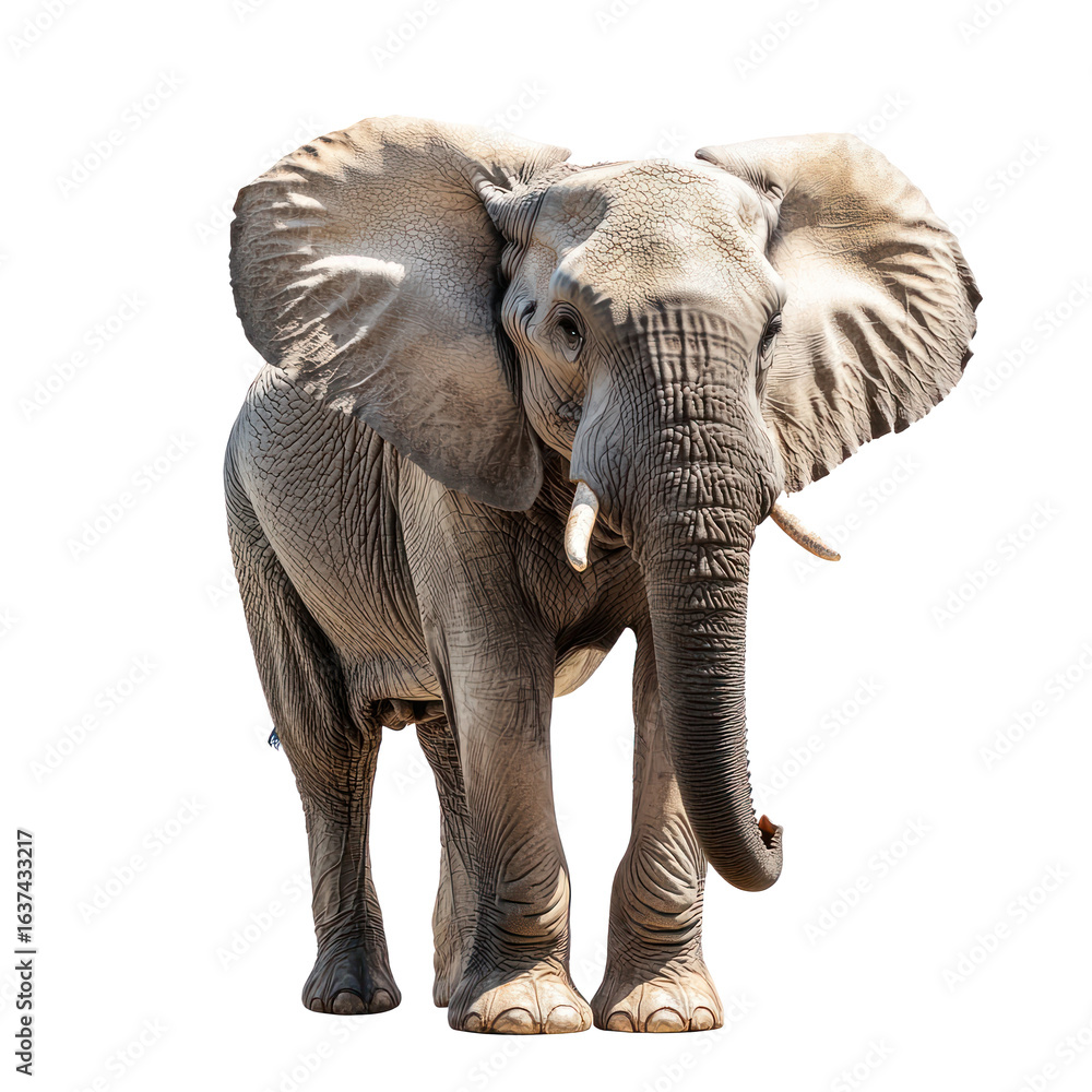 Fototapeta premium Elephant flapping ears An elephant flaps its ears to cool down or communicate. full length isolate on transparent background