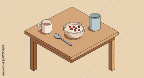 Breakfast on a table  berries on oatmeal, with coffee and tea in a background