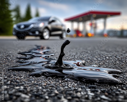 Spilled oil on asphalt, near gas station