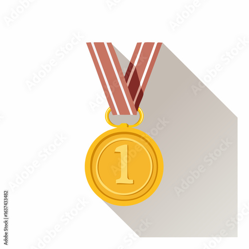 Gold medal for first place winner with red ribbon, a symbol of victory and achievement. Flat design vector illustration with long shadow on white background