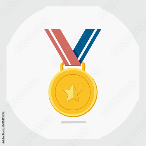 Champion gold medal with a star on a red and blue ribbon, isolated on a white background. Vector icon representing first place, winning, and success