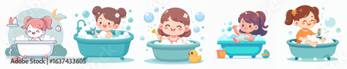vector of a little girl taking a shower