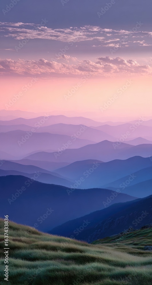 Fototapeta premium Mountain ranges fade into soft, pastel hues at dawn