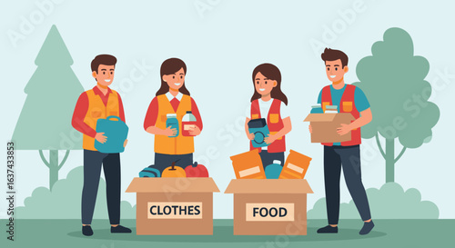 Community Volunteers Sorting Donations for Charity Drive