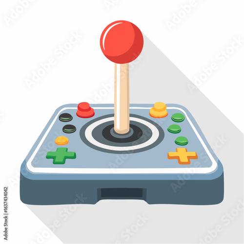 Retro arcade joystick controller for old-school video games. A classic 2D gaming accessory in a flat vector design illustration