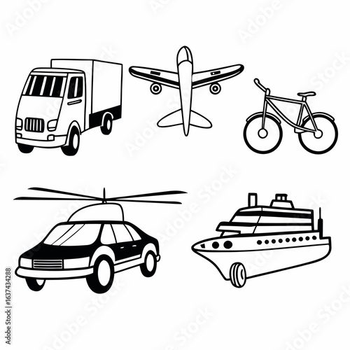 Various modes of transport including truck, airplane, bicycle, helicopter, and boat isolated on white background