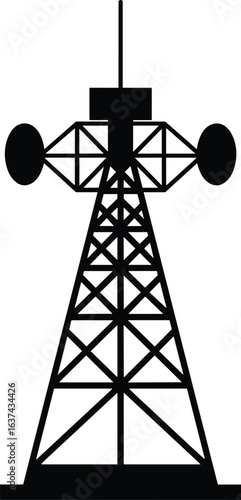 Telecommunications tower silhouette, wireless communication structure, radio transmission antenna, cellular network mast, black vector illustration, telecom towe