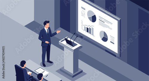 Presenter at podium shows graphs to audience in conference room; for company report