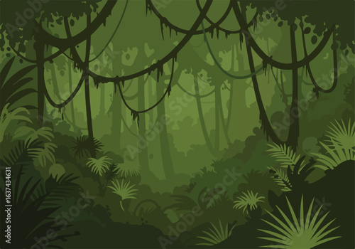 Dense jungle vines scene. Background layer with trees, plants. Game asset use