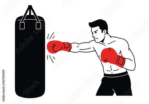 Boxer Training Punching Bag on Isolated White Background; graphic resource use
