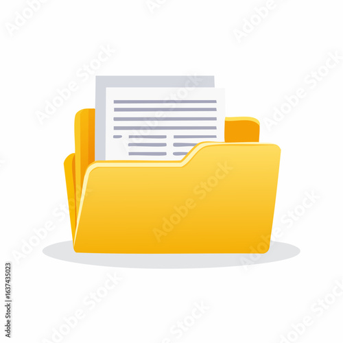 Yellow folder icon with documents symbolizing digital file management, business data storage, and information organization. Vector graphic for office and archive concepts.