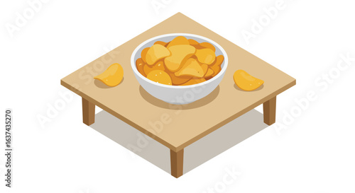 Chips in bowl on table; snack for break time with white background for product mockups