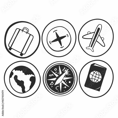Travel icons featuring suitcase, compass, airplane, world map, and passport isolated on white background