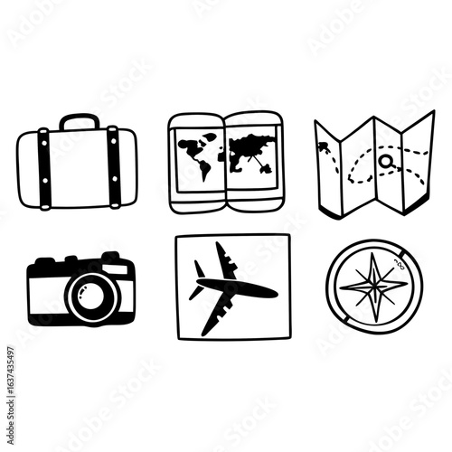 Travel icon set featuring suitcase, map, camera, compass, and airplane isolated on white background