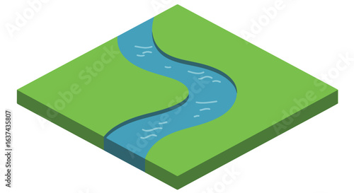 Isometric green land tile with river graphic for use in environment design