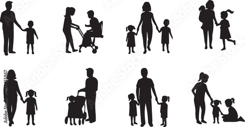Diverse Family Silhouettes with Children and Strollers on White Background Keywords: family, parents, children, kids, toddler, baby, stroller, pram, walking, holding hands, silhouette, people