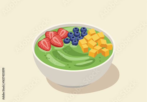 Illustration of a green smoothie bowl with fruit toppings on a neutral background