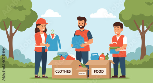 Community Volunteers Sorting Donations Outdoors