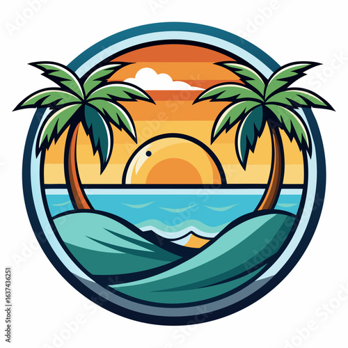 Vector art of stylized tropical beach scene at sunset with palm trees framing the sun, a calm ocean, and gentle waves, presented in a circular graphic design