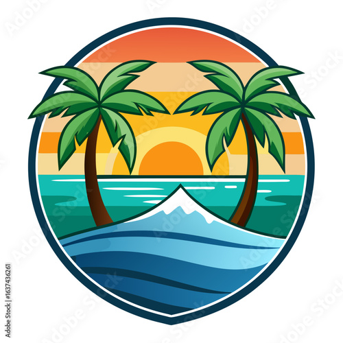 Vector art of vibrant tropical sunset over the ocean with palm trees and a mountain peak, depicted in a circular emblem style with warm colors and a serene atmosphere