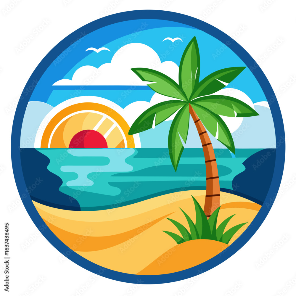 Obraz premium Vector art of circular graphic depicting a serene tropical beach with a palm tree, ocean waves, and a stylized sunrise or sunset, evoking a sense of peace and vacation