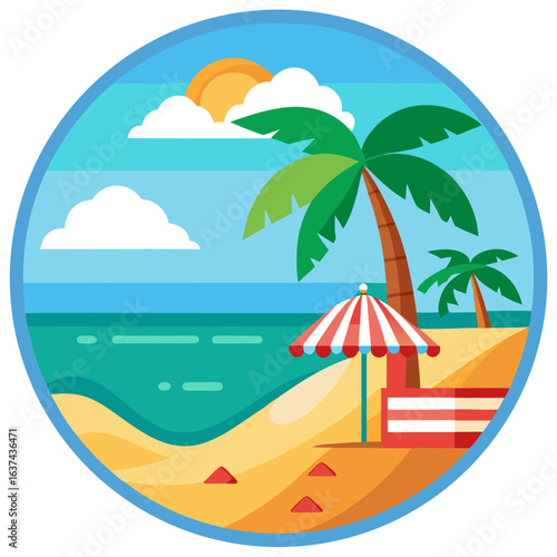 Vector art of idyllic beach scene with a sun, clouds, palm trees, and a striped umbrella on a sandy shore beside the turquoise ocean, perfect for summer travel