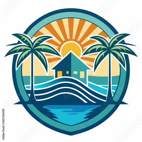 Vector art of tropical beach scene with palm trees, ocean waves, and a house under a vibrant sunset or sunrise sky, evoking a sense of vacation and paradise