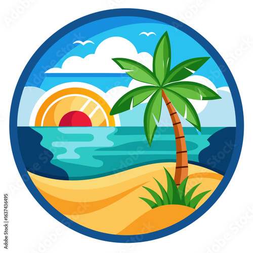 Vector art of circular graphic depicting a serene tropical beach with a palm tree, ocean waves, and a stylized sunrise or sunset, evoking a sense of peace and vacation