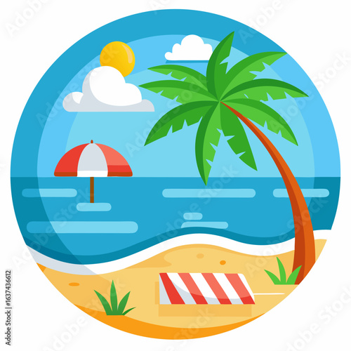 Vector art of idyllic tropical beach with a leaning palm tree, red and white umbrella, and calm ocean waters under a bright sun and fluffy clouds, perfect for a summer holiday