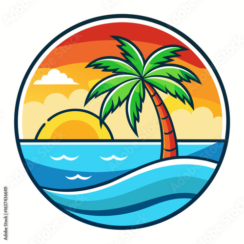 Vector art of vibrant tropical sunset over a calm ocean with a solitary palm tree on a sandy beach, evoking a sense of paradise and vacation