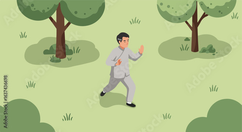 Man Practicing Tai Chi in Grassy Field. Trees and Bushes in Background. Relaxation