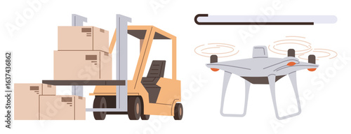 Forklift lifting stacked boxes alongside a delivery drone in flight. Ideal for logistics, automation, transportation, technology, industry, innovation, supply chain. Minimalist flat metaphor