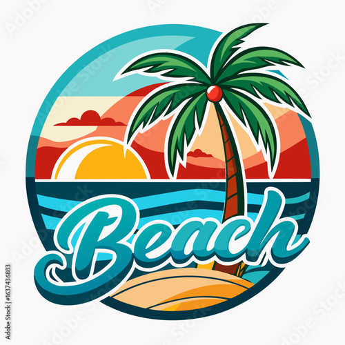 Vector art of retro circular graphic featuring a lone palm tree on a sandy beach with waves and a colorful sunset sky, evoking a tropical summer vacation vibe