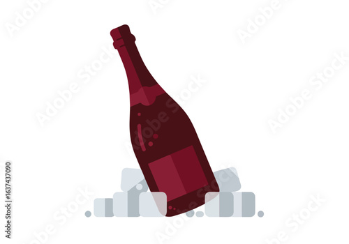 Red Wine Bottle Chilling on Ice Cubes Flat Design, White Background, Drinks Illustration
