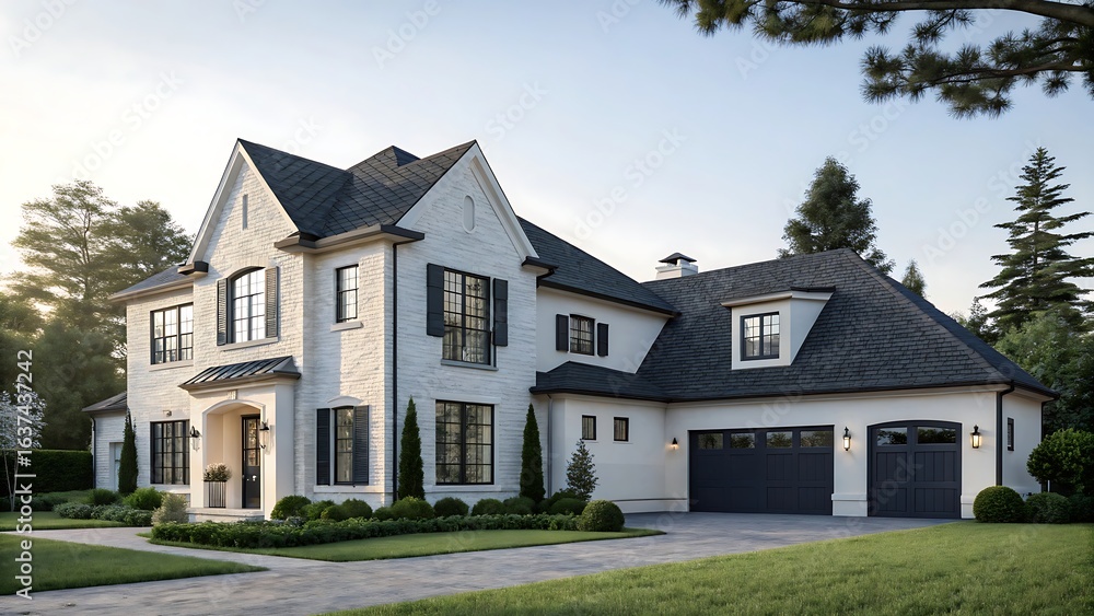 Elegant modern luxury home with manicured lawn and mature trees Elegant modern luxury home with manicured lawn and mature trees