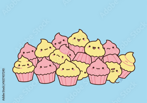 Adorable cupcakes with faces pile on each other on blue background for party decor