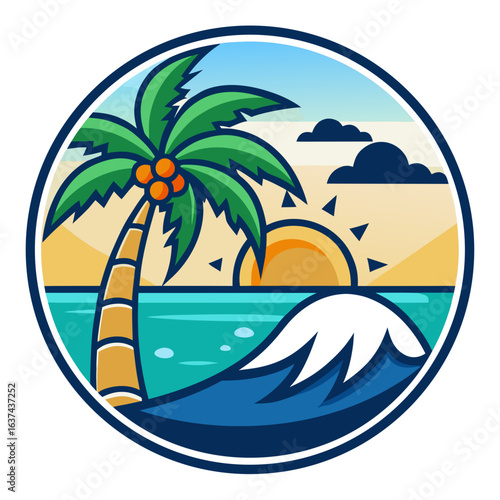 Vector art of tropical island paradise with a palm tree and ocean waves during a beautiful sunset, evoking a sense of summer vacation and relaxation