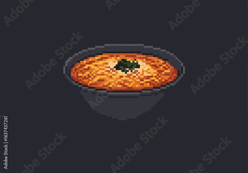 Pixel soup bowl with greens. Isometric food for games on a dark background