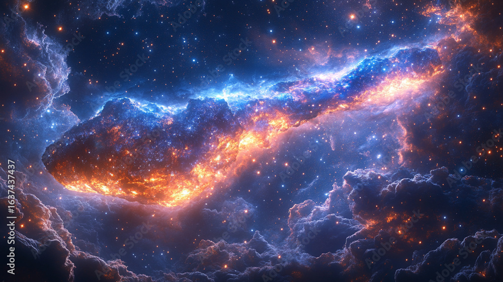 Fototapeta premium Spectacular galactic nebula with interstellar clouds emitting radiant light in dark space background